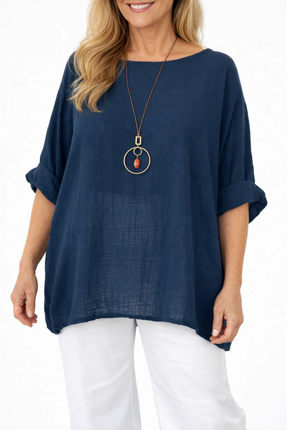 Pure Cotton Linen Look Italia Necklace Top - Navy