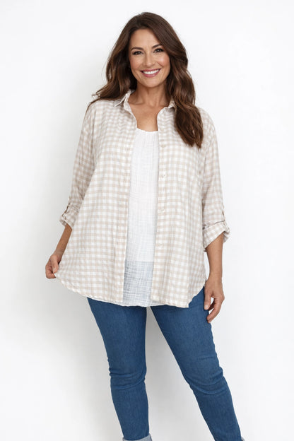 Cotton Button Sleeve Gingham Roxy Shirt - Beige