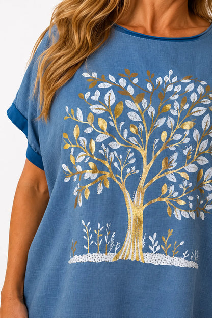 Linen Cotton Mix Diamanté Golden Leaf Carletta Top - Denim