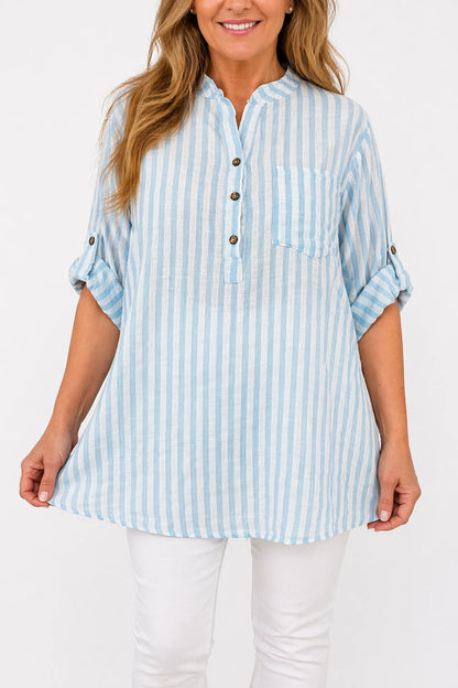 Linen Look Pure Cotton Pocket Detail Cruze Button Sleeve Stripe Shirt - Azure Blue