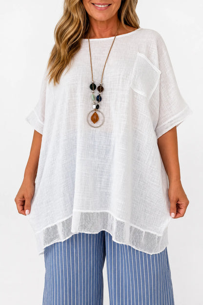 Pure Cotton Mesh Detail Pocketed Portofino Necklace Top - White