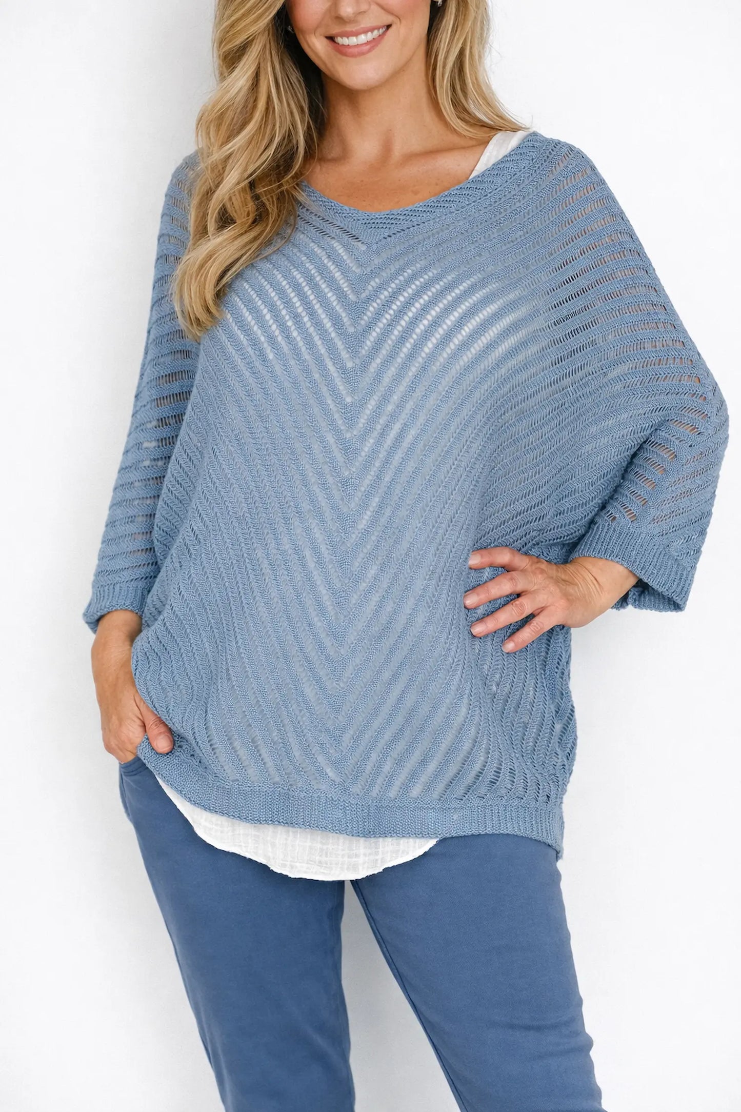 Cotton Batwing Positano Crochet Top - Denim