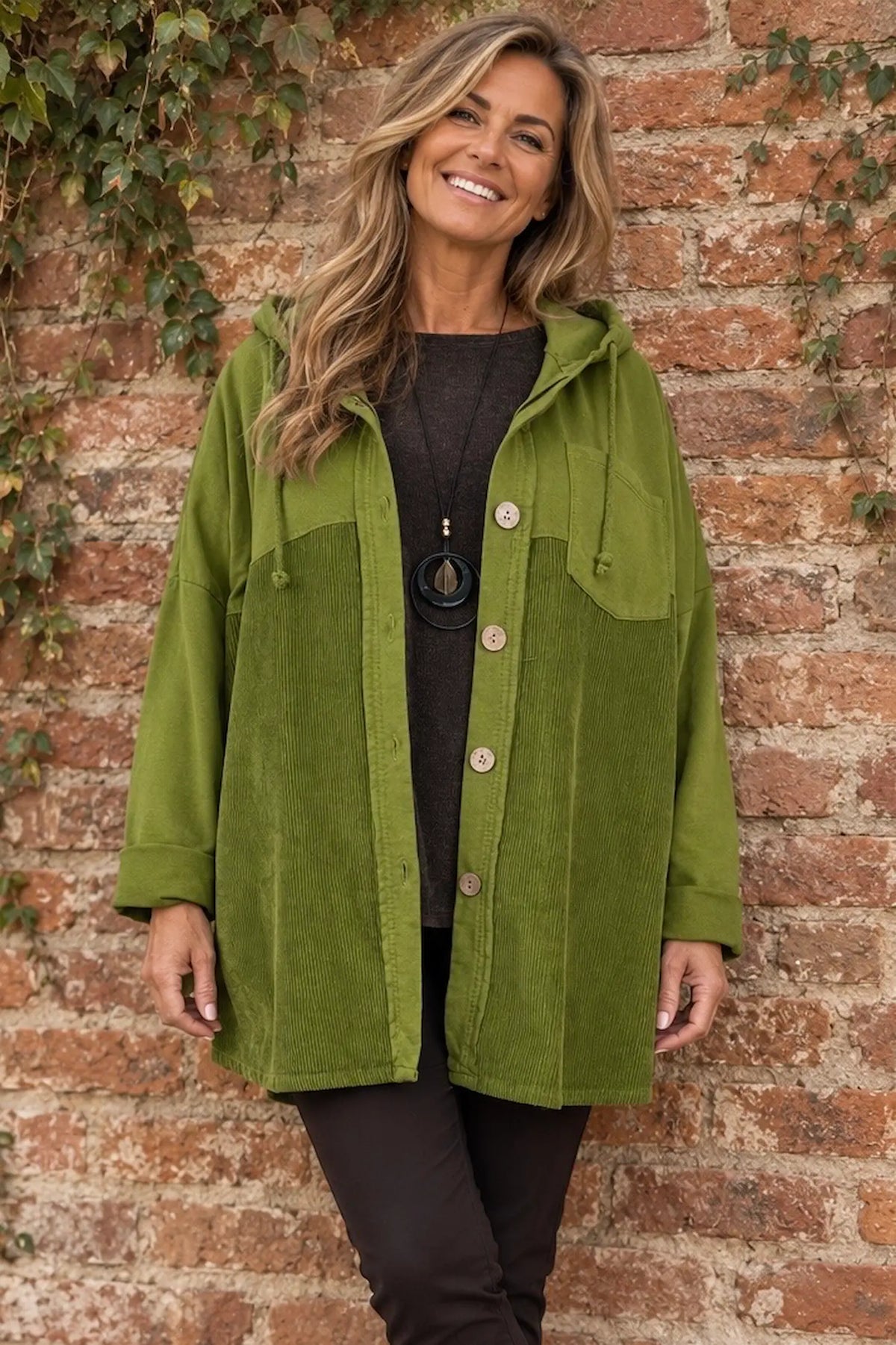 Pure Cotton Cord Patch Pocket Connie Button Hooded Jacket - Lime Green