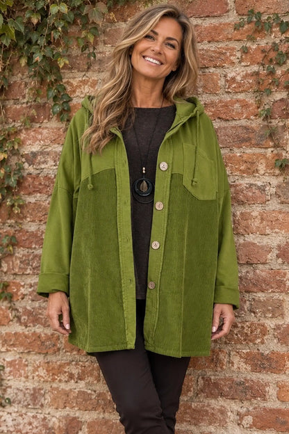 Pure Cotton Cord Patch Pocket Connie Button Hooded Jacket - Lime Green