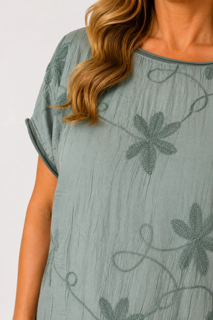 Cotton Drawstring Hem Embroidered Floral Marella Top - Khaki