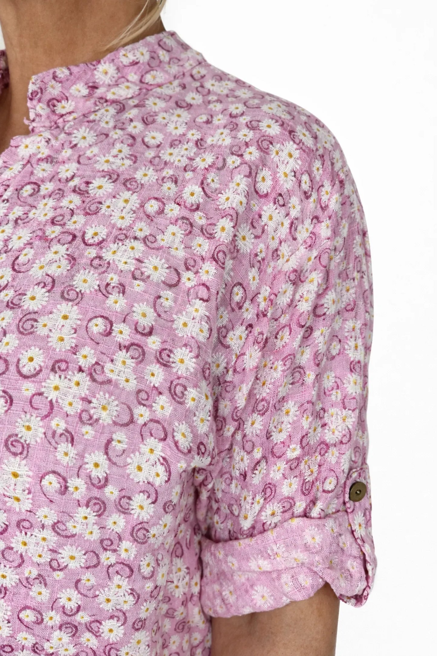 Linen Look Cotton Button Sleeve Daisy Button Shirt - Baby Pink