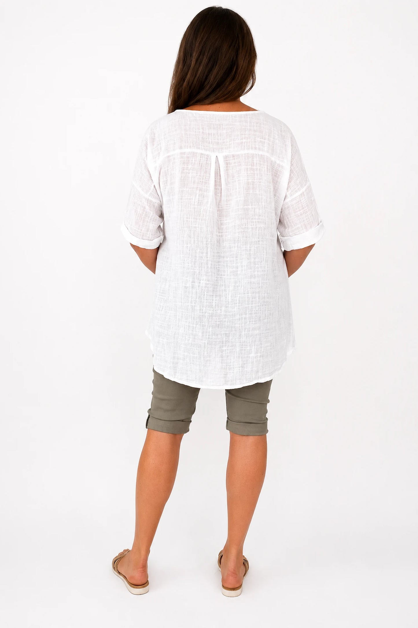Linen Look Pure Cotton Button Detail Pocket Venice Top - White