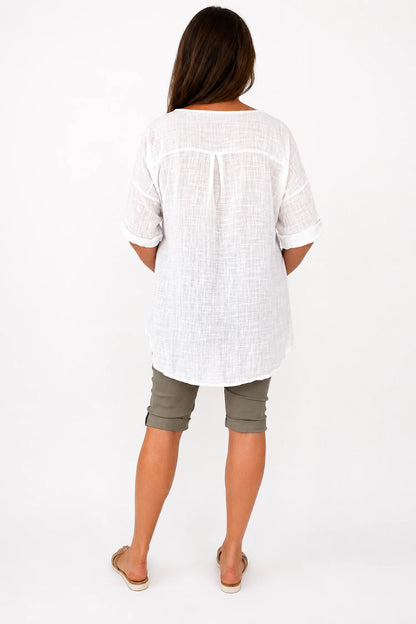 Linen Look Pure Cotton Button Detail Pocket Venice Top - White