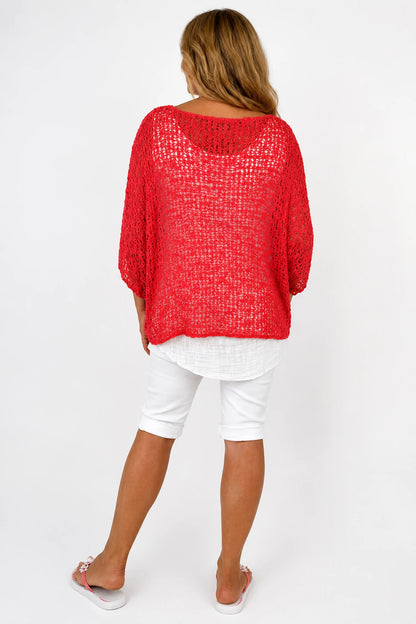 Amelia Ikat Premium Stitch Batwing Crochet - Coral