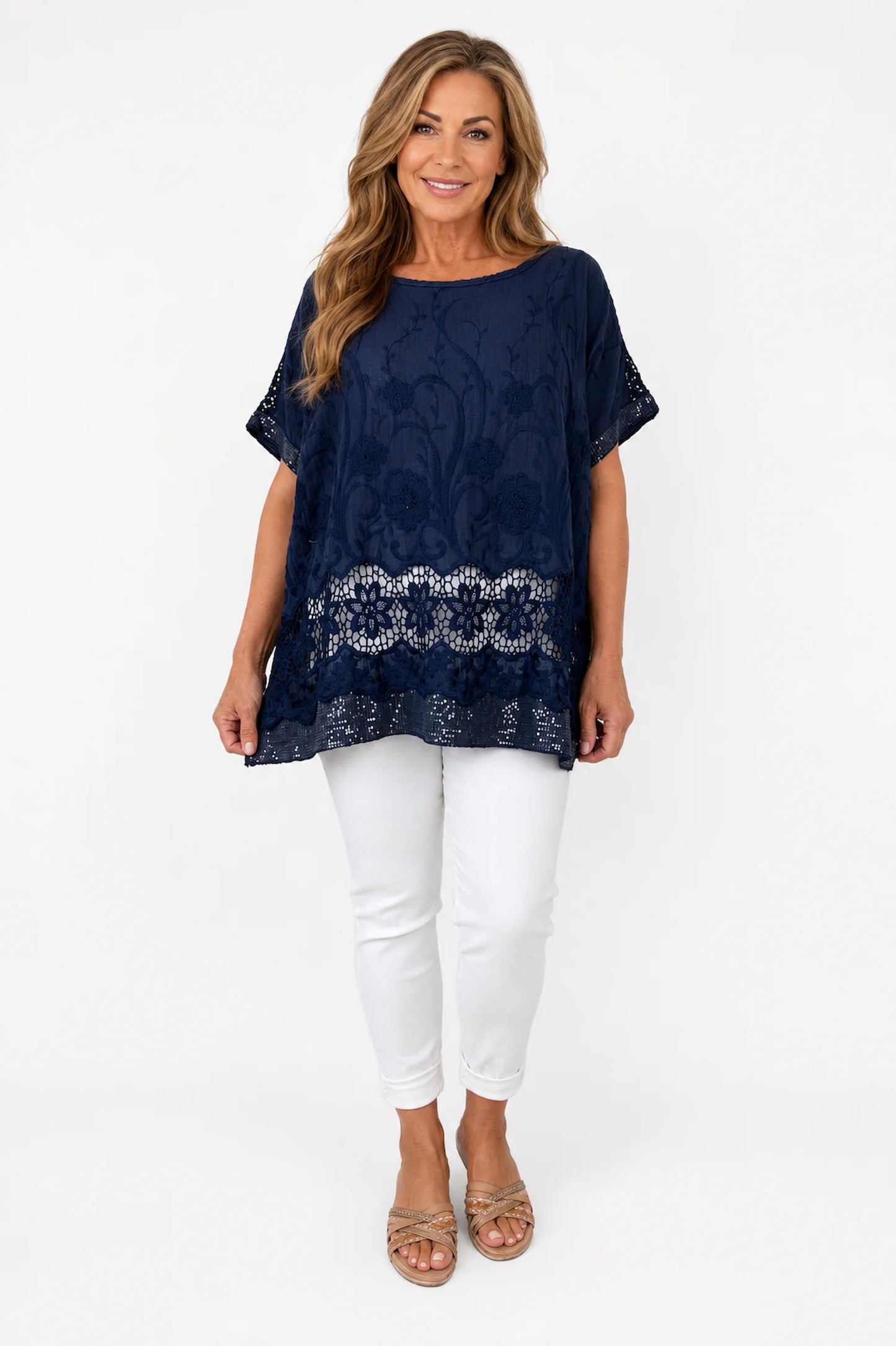 Cotton Crochet Detail Embroidery Anglaise Sequin Hem/Sleeve Selina Top - Navy
