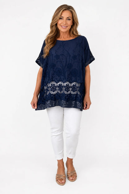 Cotton Crochet Detail Embroidery Anglaise Sequin Hem/Sleeve Selina Top - Navy