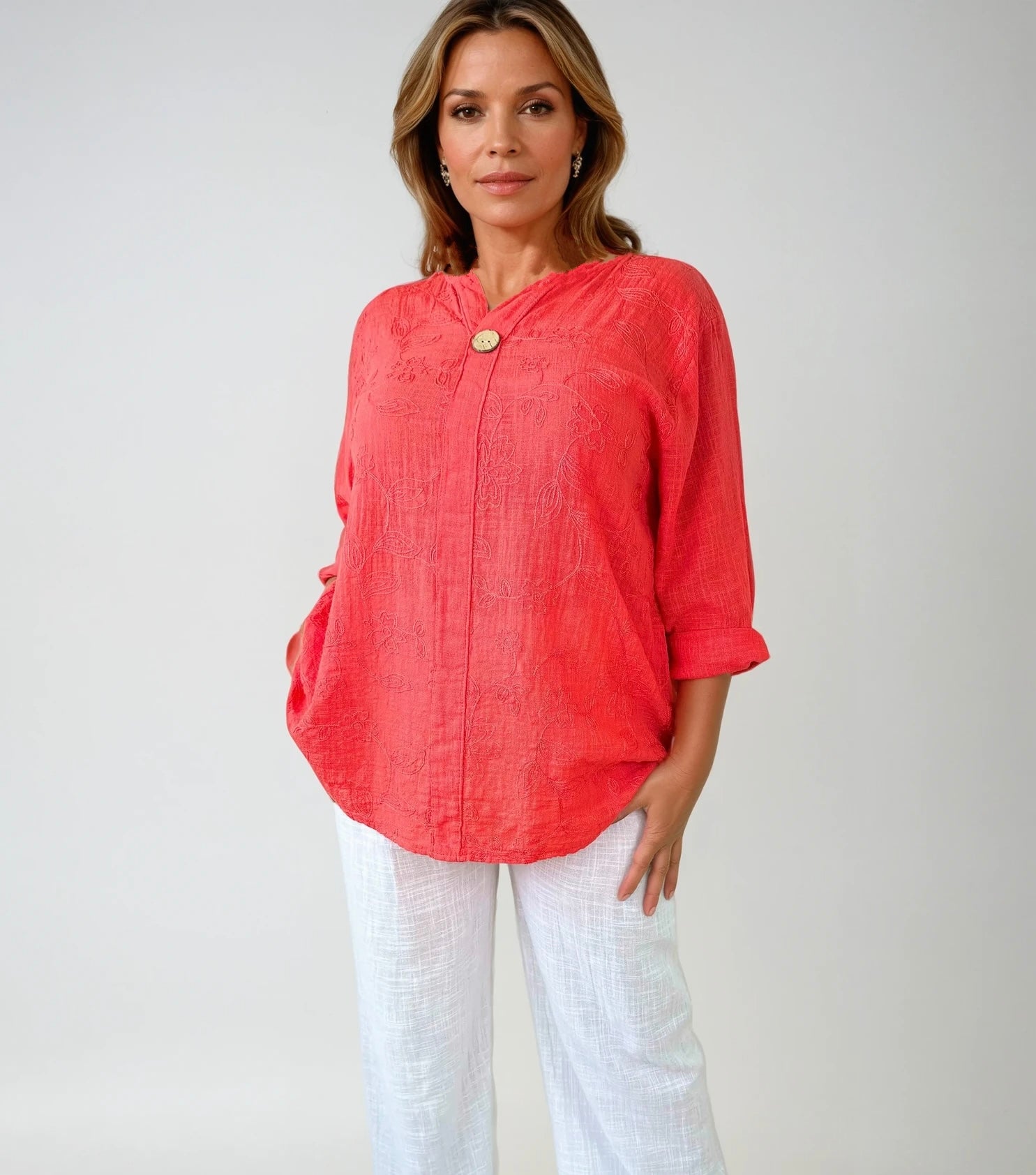 Pure Cotton Embroidery Anglaise One Button Carla Shirt - Coral