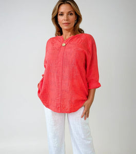 Pure Cotton Embroidery Anglaise One Button Carla Shirt - Coral