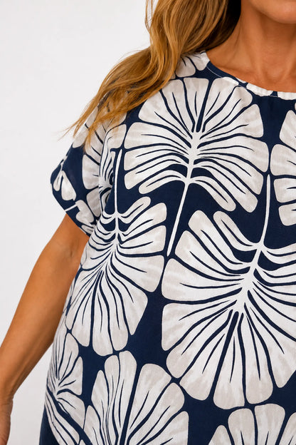 Sara Tropical Print Top - Navy