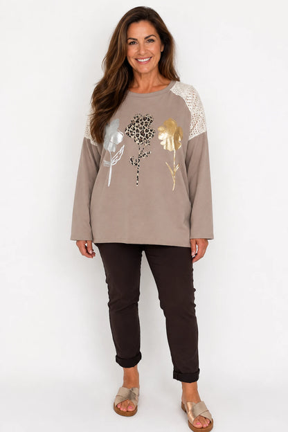 Golden Stitch Crochet Sleeve Metallic Floral Carvella Top - Mocha