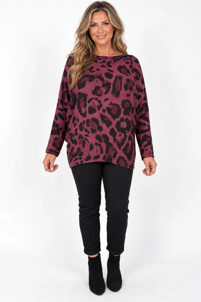 Fine Knit Carly Leopard Top - Vintage Wine