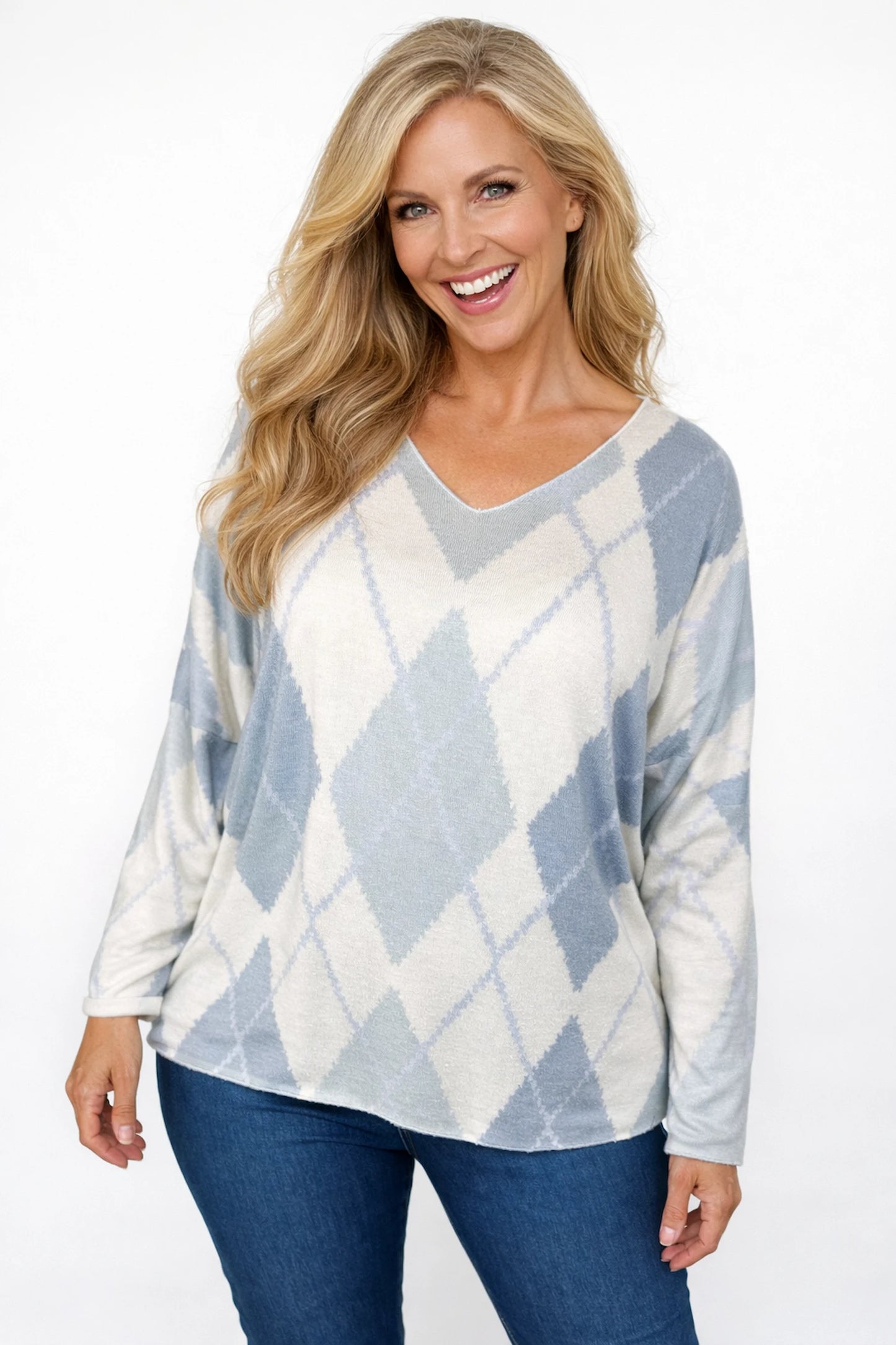 Wool Mix Spring Knit Argyle Florence Top - Ivory/Soft Denim