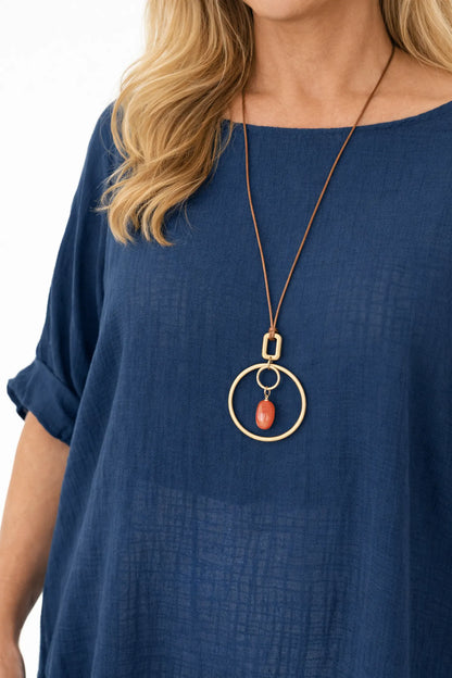 Pure Cotton Linen Look Italia Necklace Top - Navy