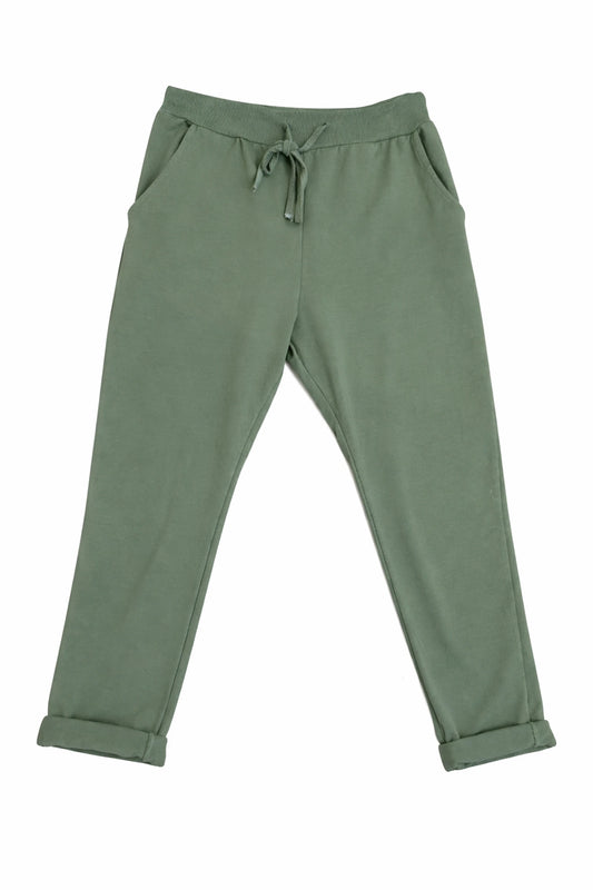 Cotton Elasticated Waist Drawstring Double Pocket Italia Joggers - Khaki