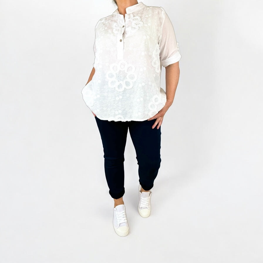 Pure Cotton Embroidery Anglaise Riviala Button Sleeve Shirt - White
