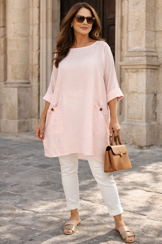 Bubble Cotton Double Button Pocket Tunic Top - Baby Pink