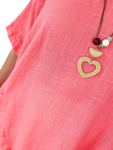Pure Cotton Double Pocket Marlin Necklace Top - Coral