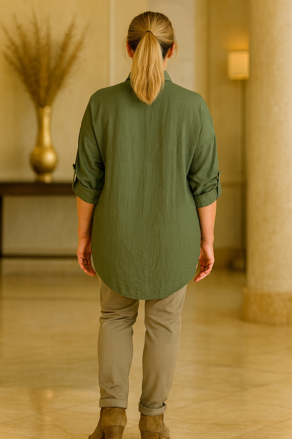 Premium Stitch Diamanté Leopard Celeste Button Sleeve Shirt - Khaki