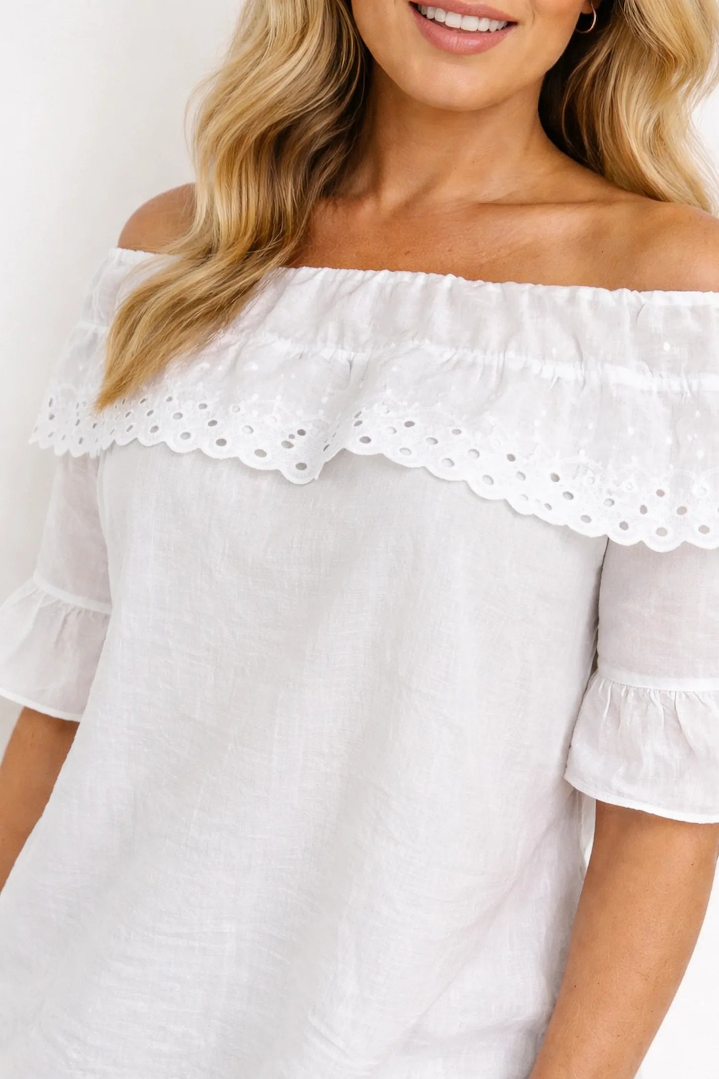 Pure Cotton Frill Sleeve Elasticated Neck Embroidery Anglaise Lumière Bardot Top - White