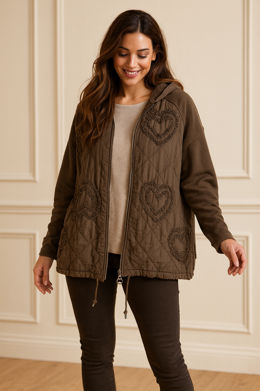 Cotton Embroidered Heart Amélie Hooded Jacket - Chocolate