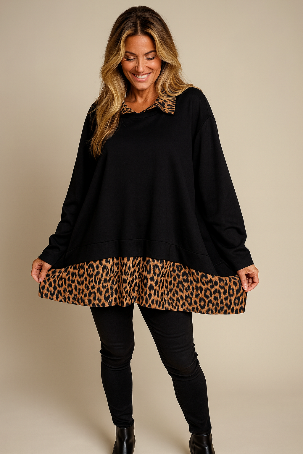 Two In One Effect Leopard Shirt Vivian Top - Black