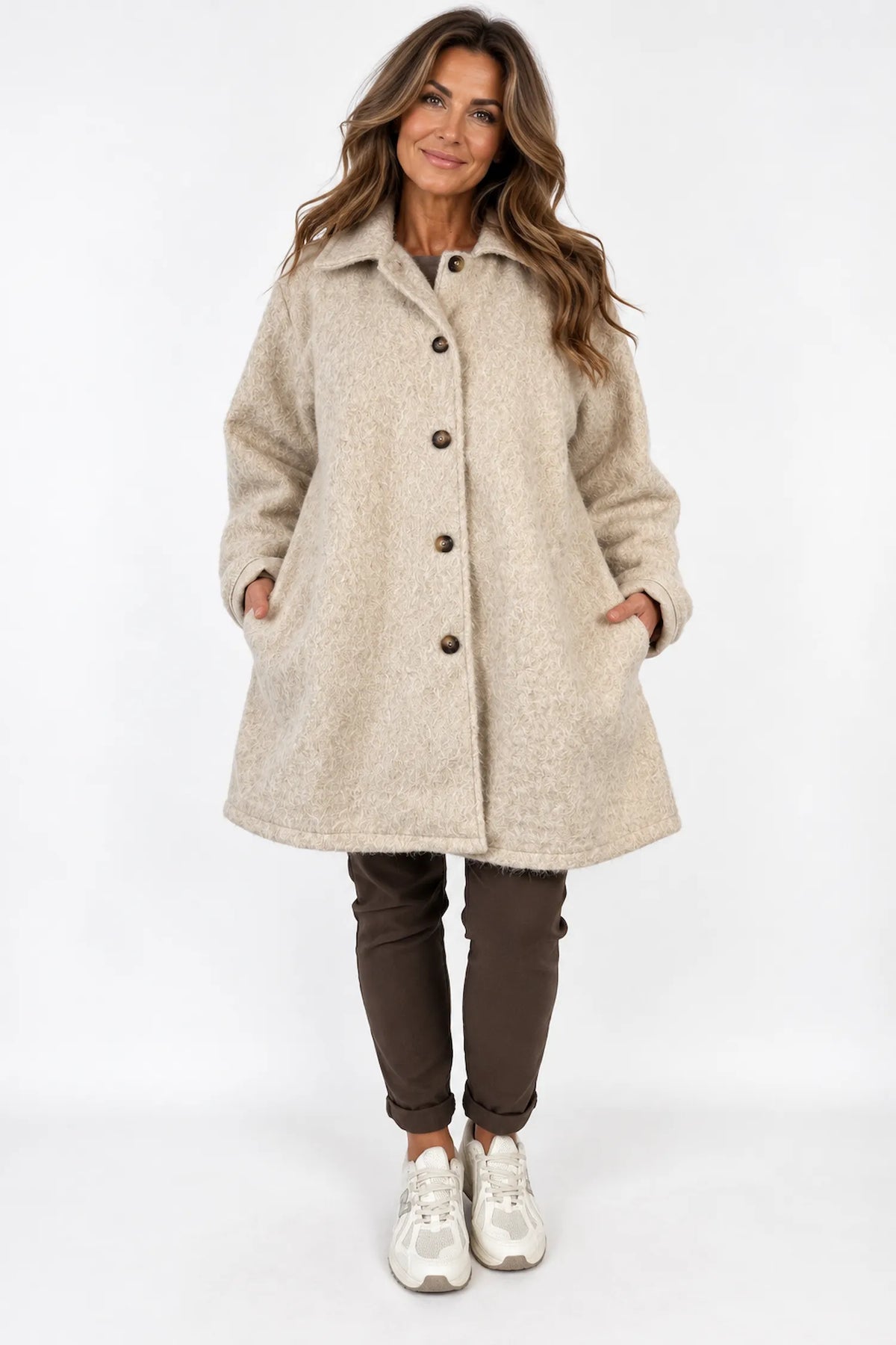 Wool Mix Brushed Double Pocket Arabella Button Coat - Beige