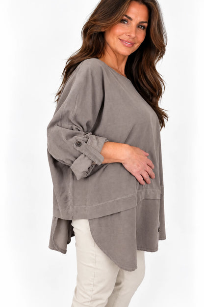 Pure Cotton Needlecord Button Sleeve Button Detail Riviera Top - Mocha