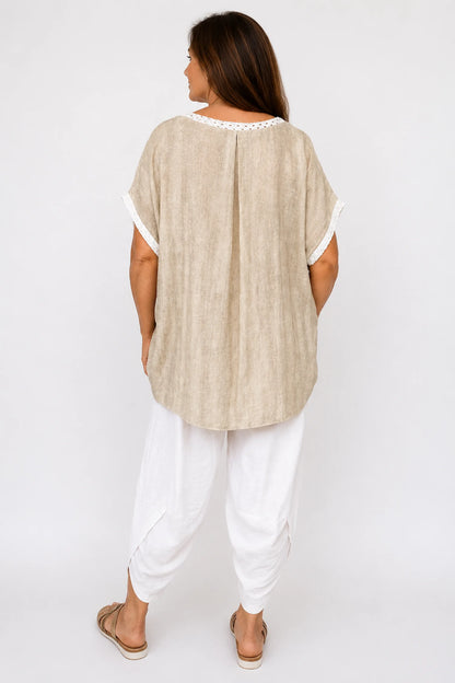 Crochet Lattice Trim Lightly Textured Marsi Top - Washed Beige