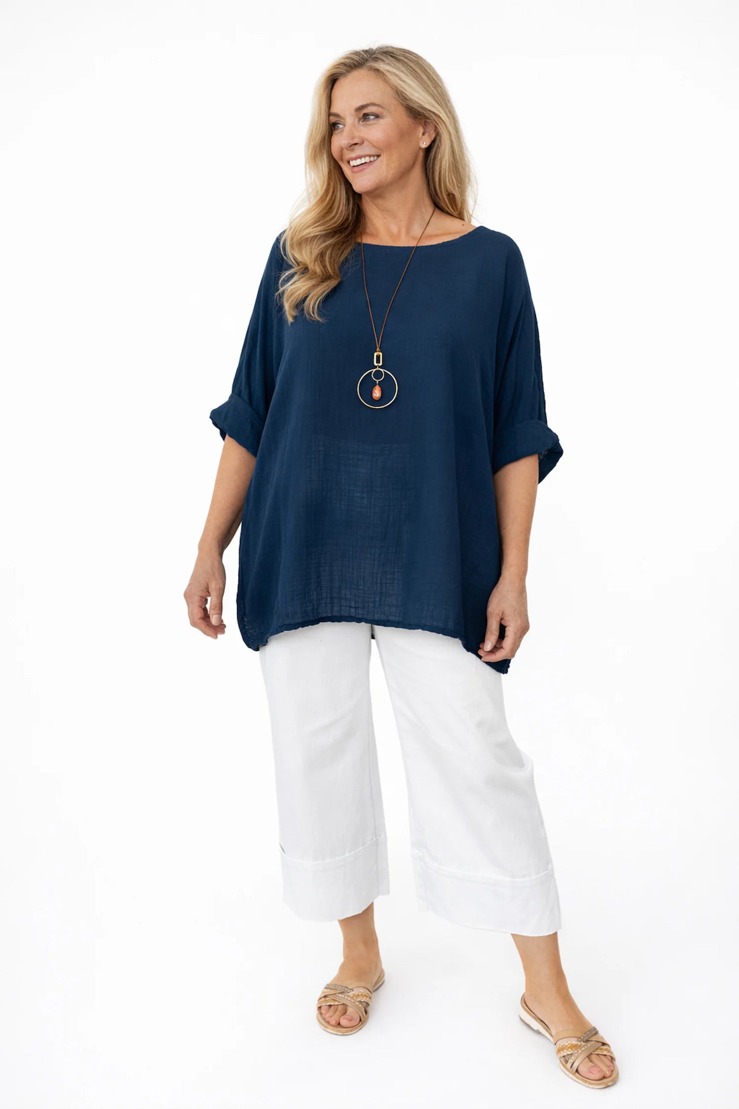 Pure Cotton Linen Look Italia Necklace Top - Navy
