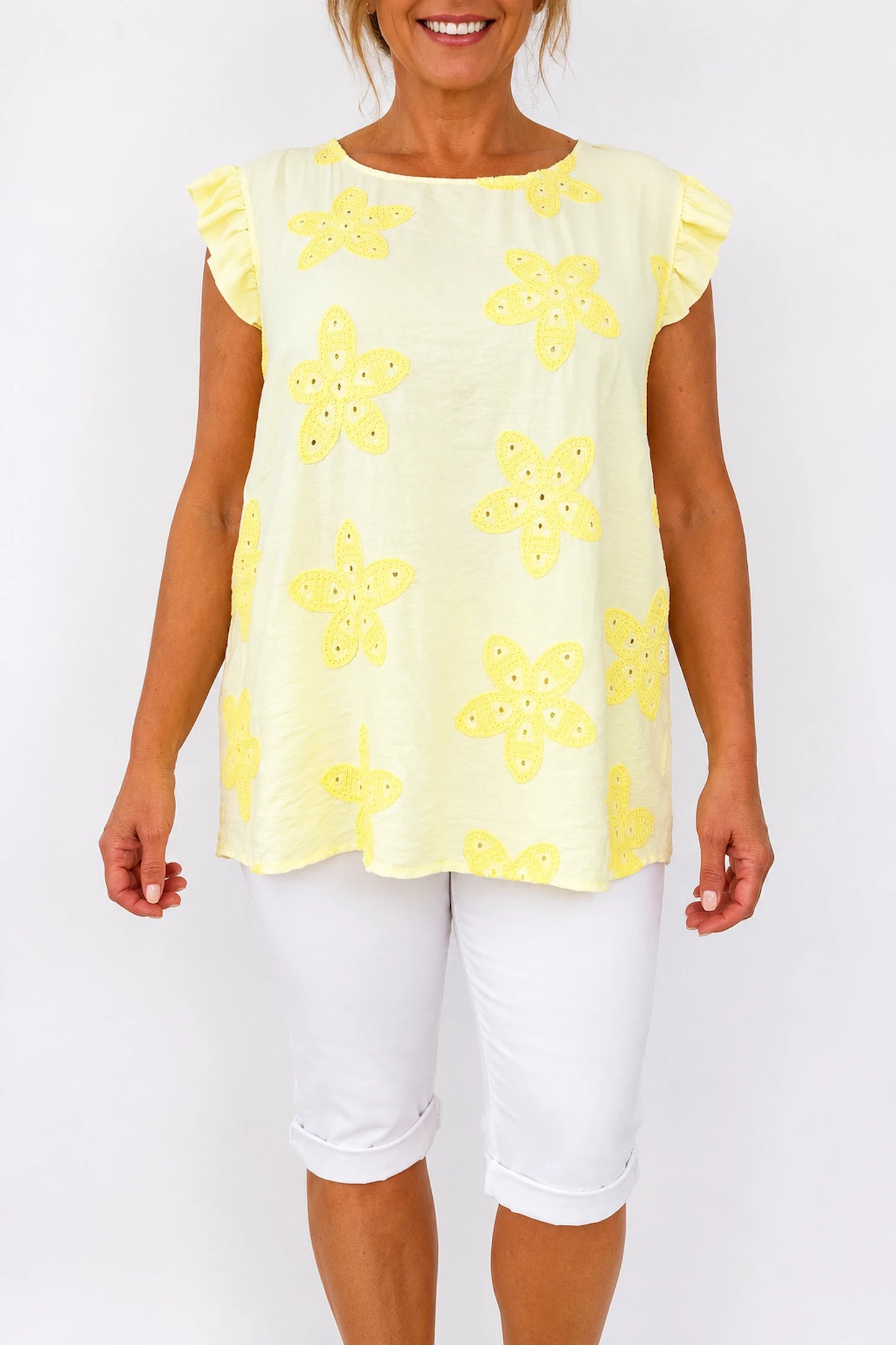 Frill Sleeve Embroidered Floral Detail Sienna Cap Sleeve Top - Lemon