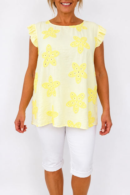 Frill Sleeve Embroidered Floral Detail Sienna Cap Sleeve Top - Lemon
