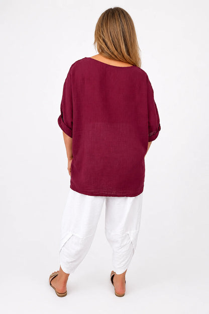 Pure Cotton Linen Look Italia Necklace Top - Grape