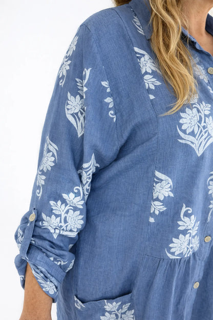 Button Sleeve Floral Double Pocket Chiara Button Shirt - Denim
