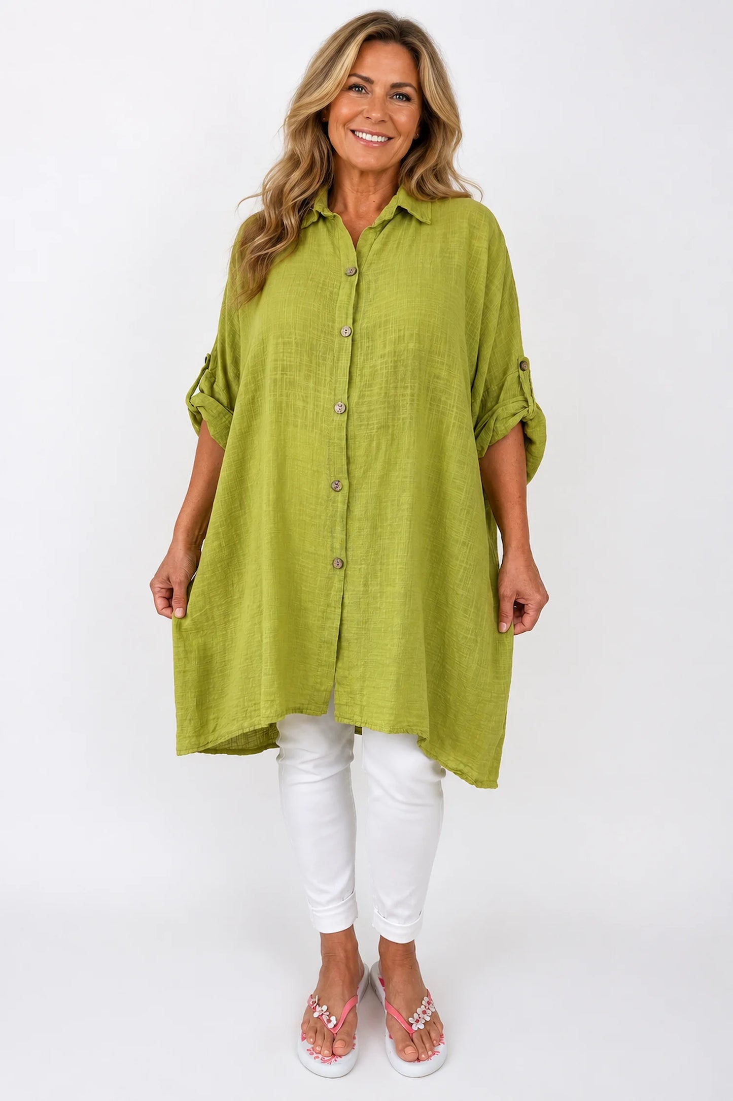 Pure Cotton Button Sleeve Cressida Button Shirt - Lime