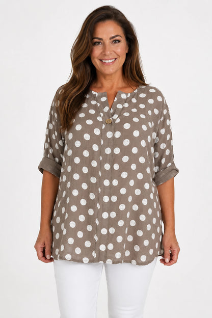 Pure Cotton Polka Dot Kara Button Shirt - Mocha