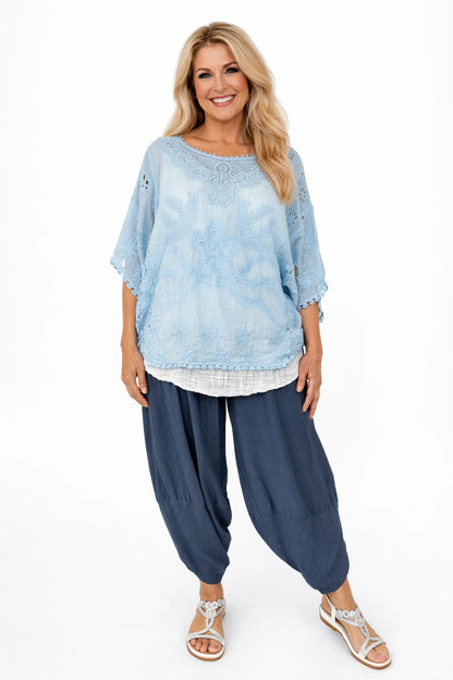 Pure Cotton Embroidery Anglaise Crochet Detail Batwing Viviana Top - Baby Blue