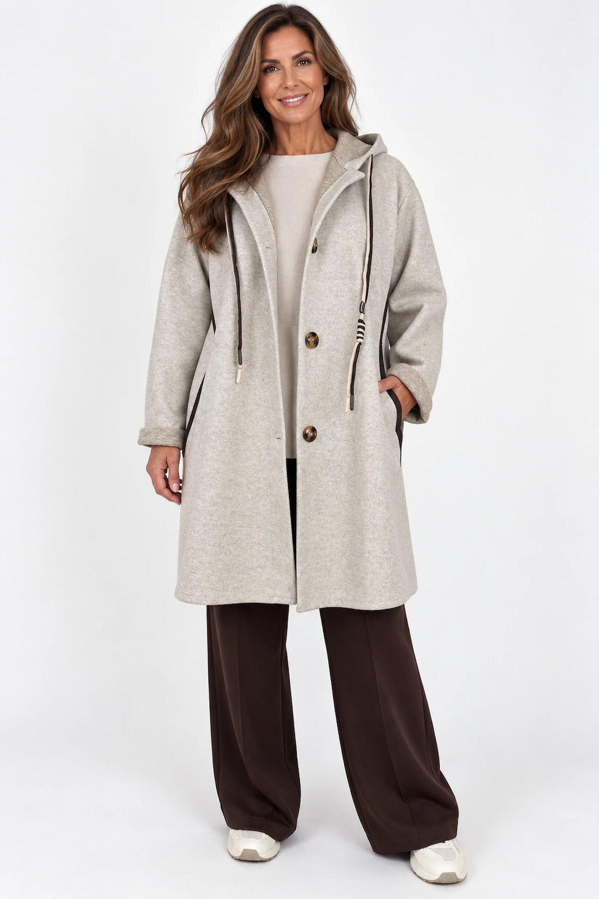 Viera Contrast Trim Double Pocket Drawstring Hooded Button Coat - Beige