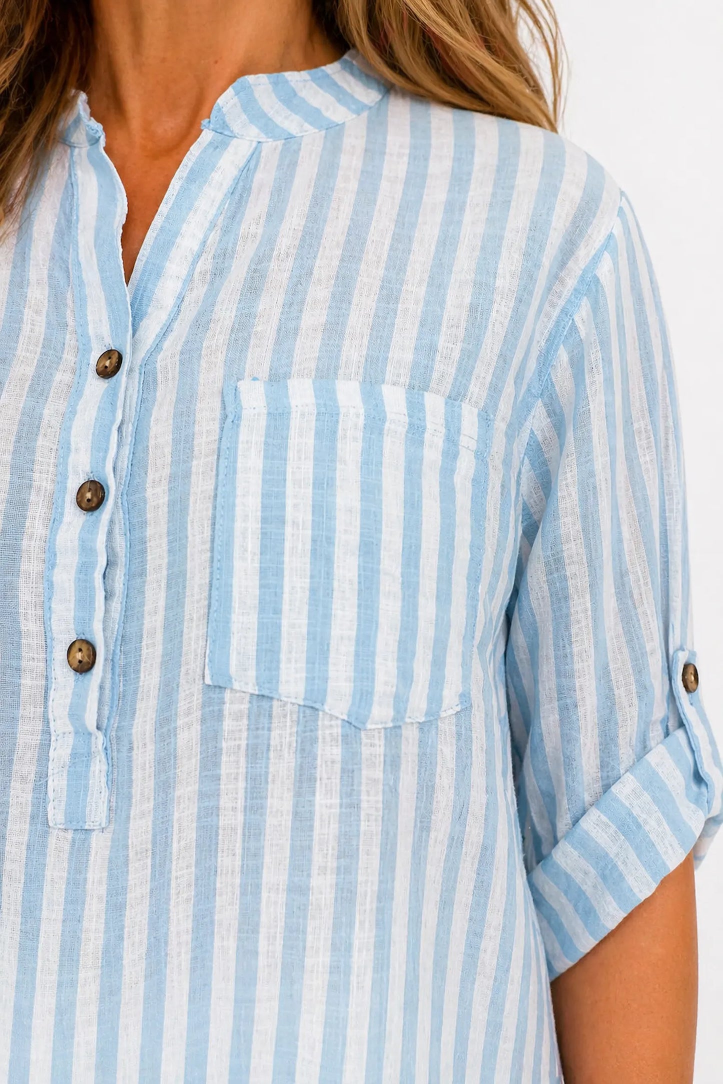 Linen Look Pure Cotton Pocket Detail Cruze Button Sleeve Stripe Shirt - Azure Blue