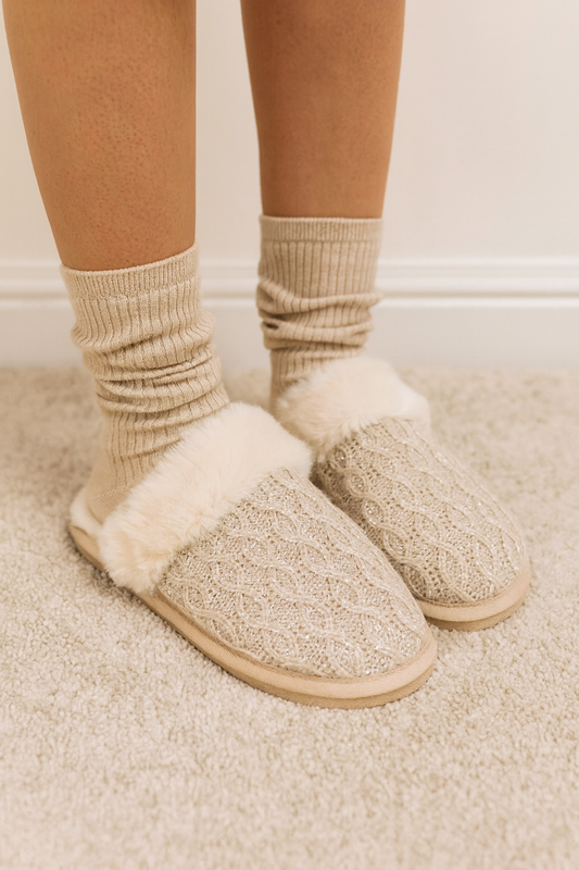 Faux Fur Lined Silver Sparkle Detail Slippers - Beige