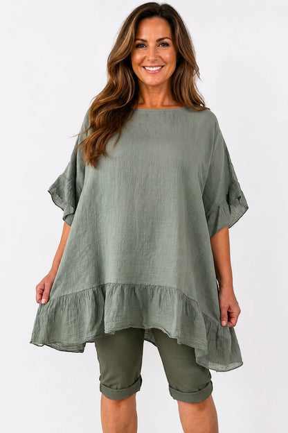 Pure Cotton Anita Frill Top - Khaki