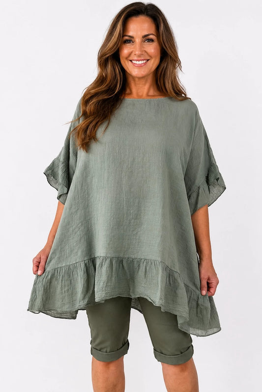 Pure Cotton Anita Frill Top - Khaki