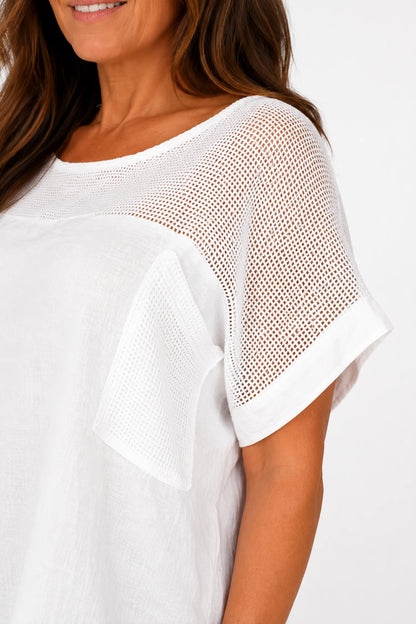 Linen Cotton Mix Mesh Detail Amalfi Pocket Top - White
