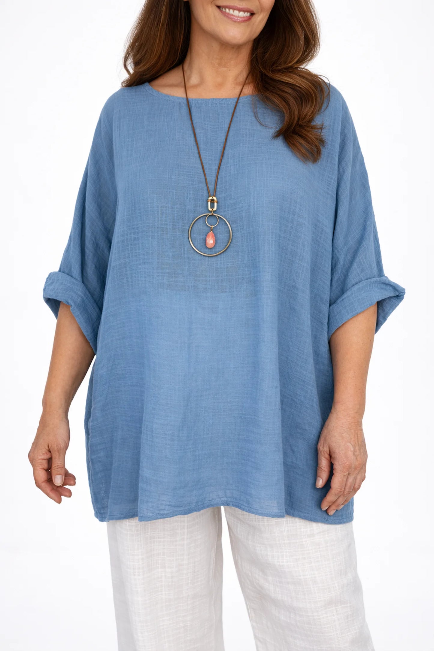 Pure Cotton Linen Look Italia Necklace Top - Denim