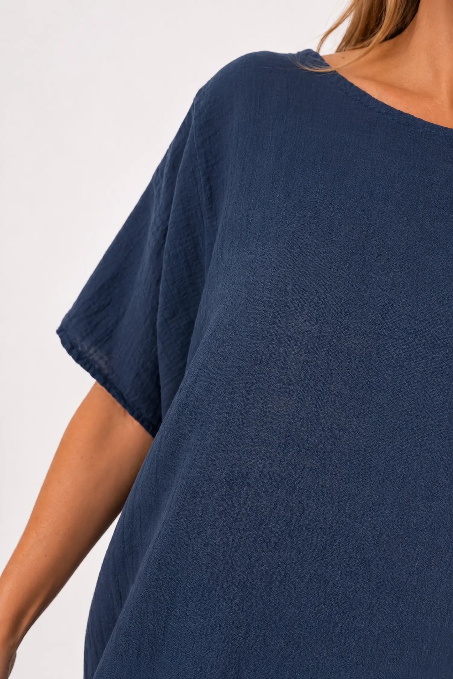 Pure Cotton Double Pocket Coté Tunic Top - Navy