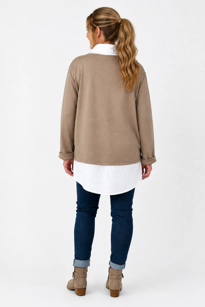 Faux Shirt Layered Milan Top - Mocha